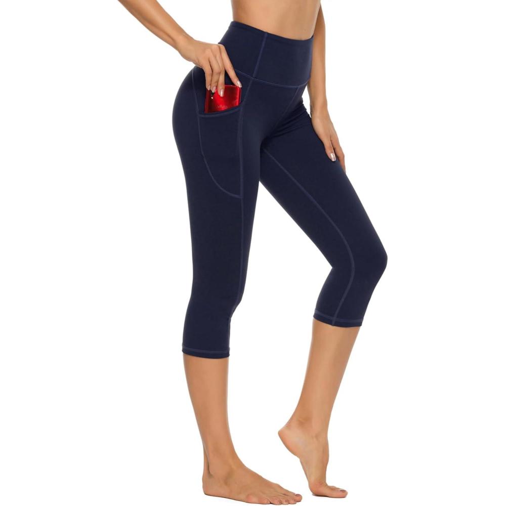 imageStelle Womens Capri Yoga Pants with Pockets Essential High Waisted Legging for WorkoutCotton Like Softnessnavy