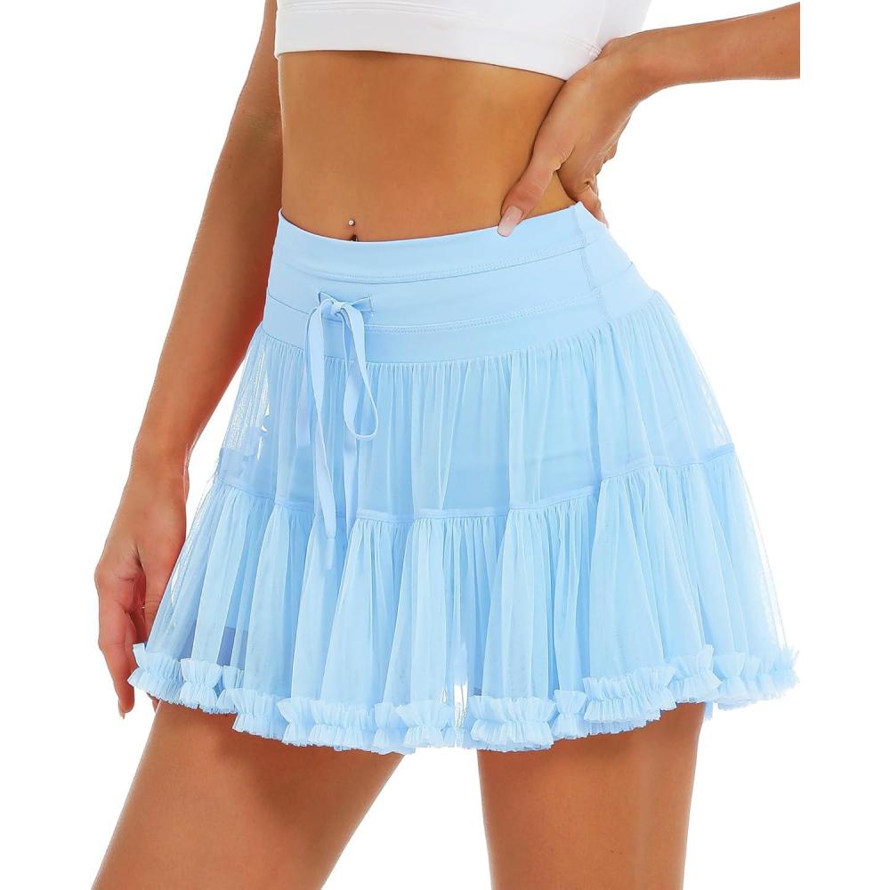 imageStelle Womens High Waist Athletic Skorts with Shorts Pockets Ruffle Hem Flowy Skirts Mini Tiered Short Skirt Casual SummerLight Blue
