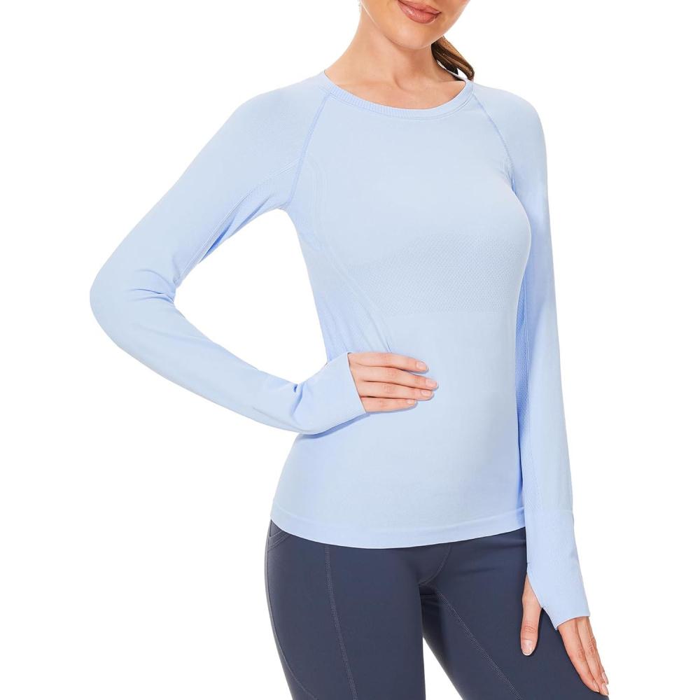 imageStelle Womens Seamless Workout Top Yoga Athletic Shirt with Thumb Hole Breathable for Sports Running Slim FitBlue