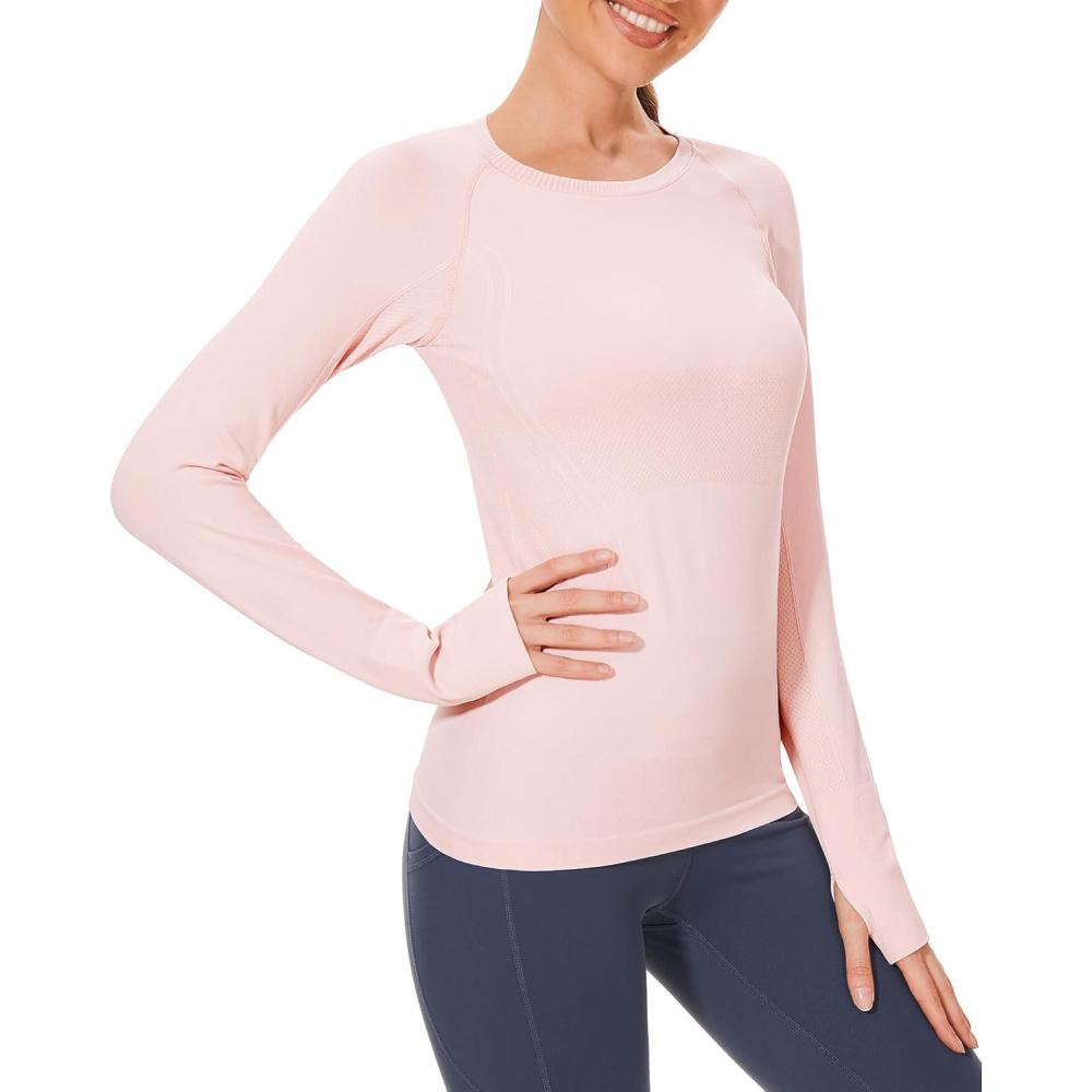 imageStelle Womens Seamless Workout Top Yoga Athletic Shirt with Thumb Hole Breathable for Sports Running Slim FitPink