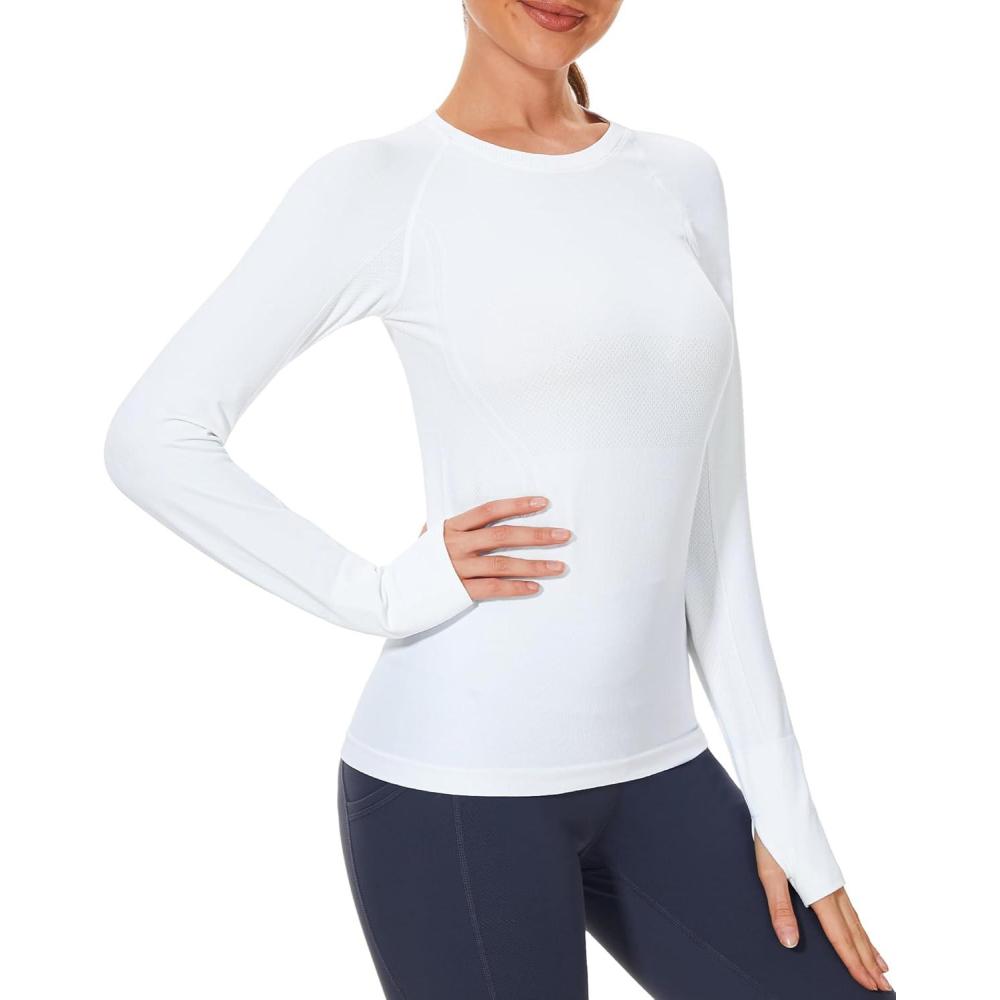 imageStelle Womens Seamless Workout Top Yoga Athletic Shirt with Thumb Hole Breathable for Sports Running Slim FitWhite