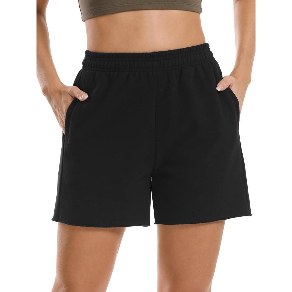 imageStelle Womens Sweat Shorts Casual Drawstring Shorts Comfy Cotton High Waisted Workout Lounge Shorts with PocketsBlack Sweat Shorts