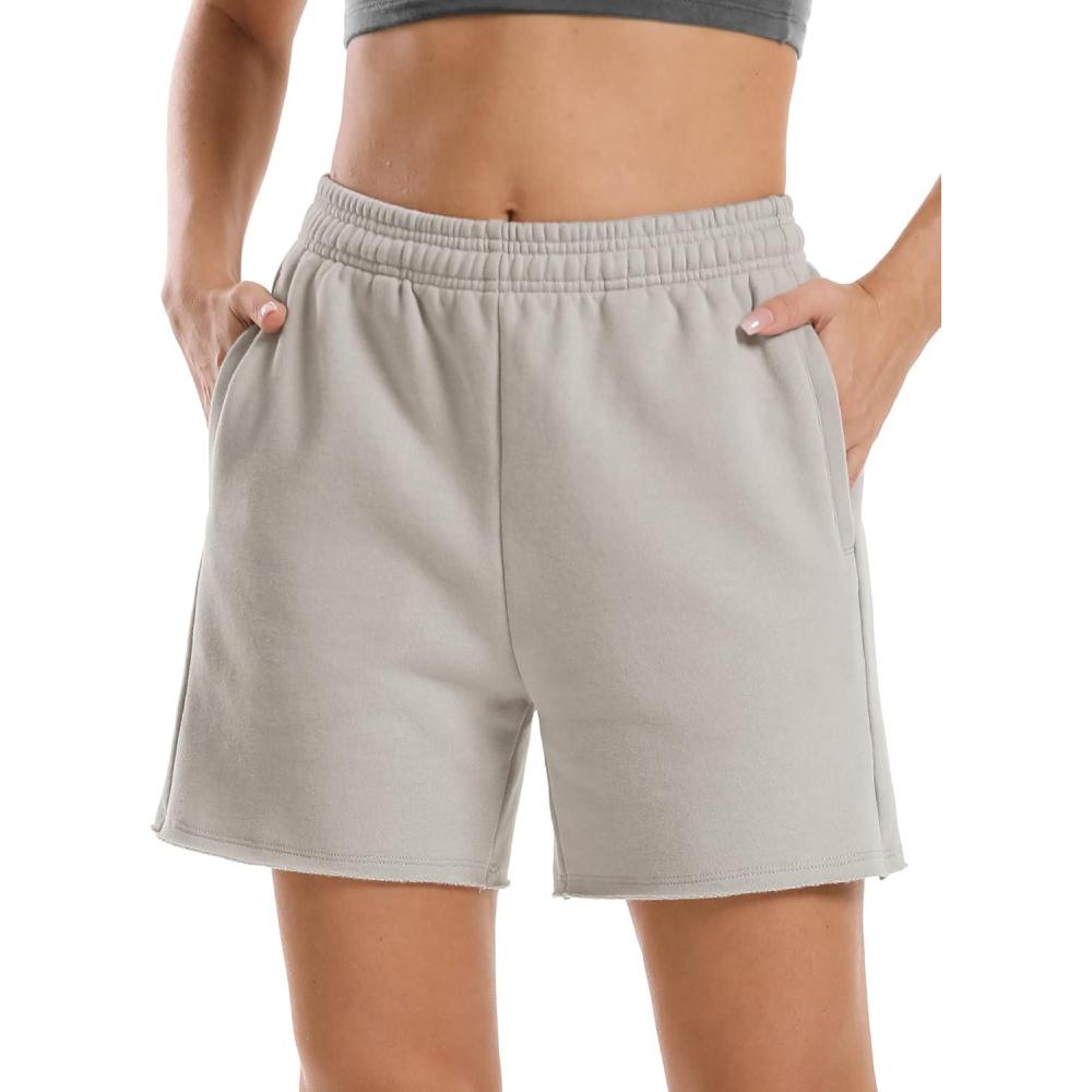 imageStelle Womens Sweat Shorts Casual Drawstring Shorts Comfy Cotton High Waisted Workout Lounge Shorts with PocketsLight Gray Sweat Shorts