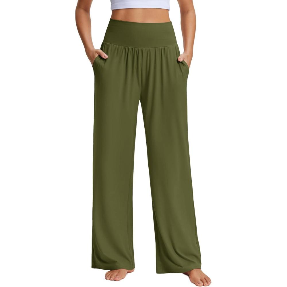 imageStelle Womens Wide Leg Yoga Pants Soft High Waisted Sweatpants Stretch Lounge Bottom with Pockets 28quot InseamOlive Green