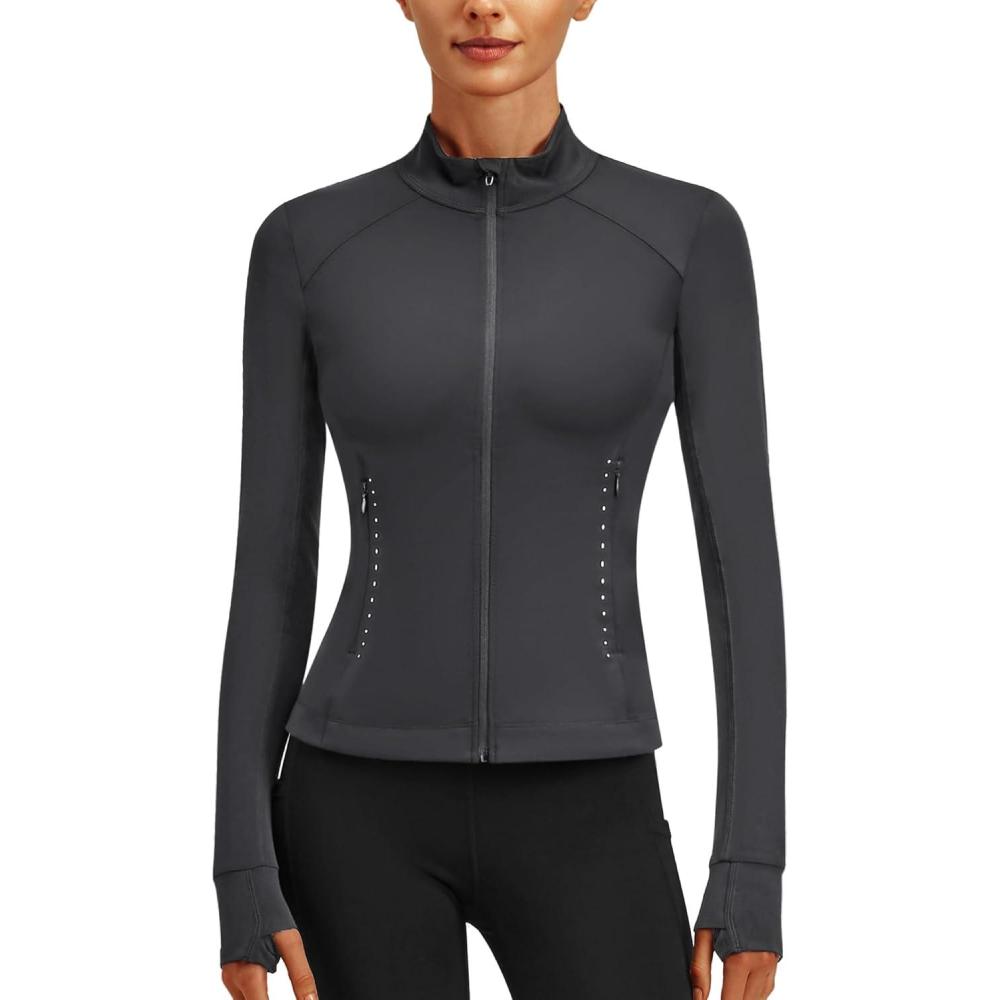 imageStelle Womens Zip Up Jackets Lightweight Athletic Running Jacket Workout Slim Fit Yoga Track Clothes with Thumb HolesCharcoal