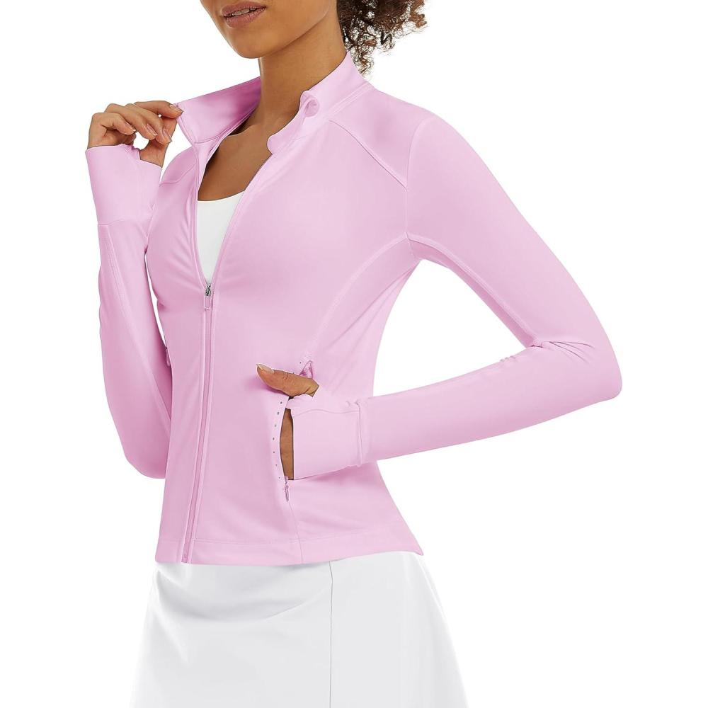 imageStelle Womens Zip Up Jackets Lightweight Athletic Running Jacket Workout Slim Fit Yoga Track Clothes with Thumb HolesPetal Pink