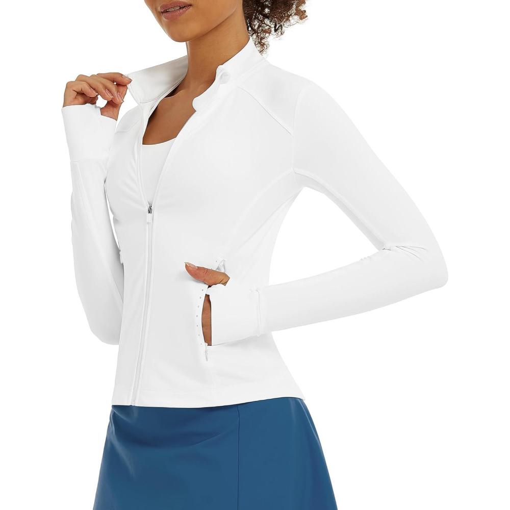 imageStelle Womens Zip Up Jackets Lightweight Athletic Running Jacket Workout Slim Fit Yoga Track Clothes with Thumb HolesWhite