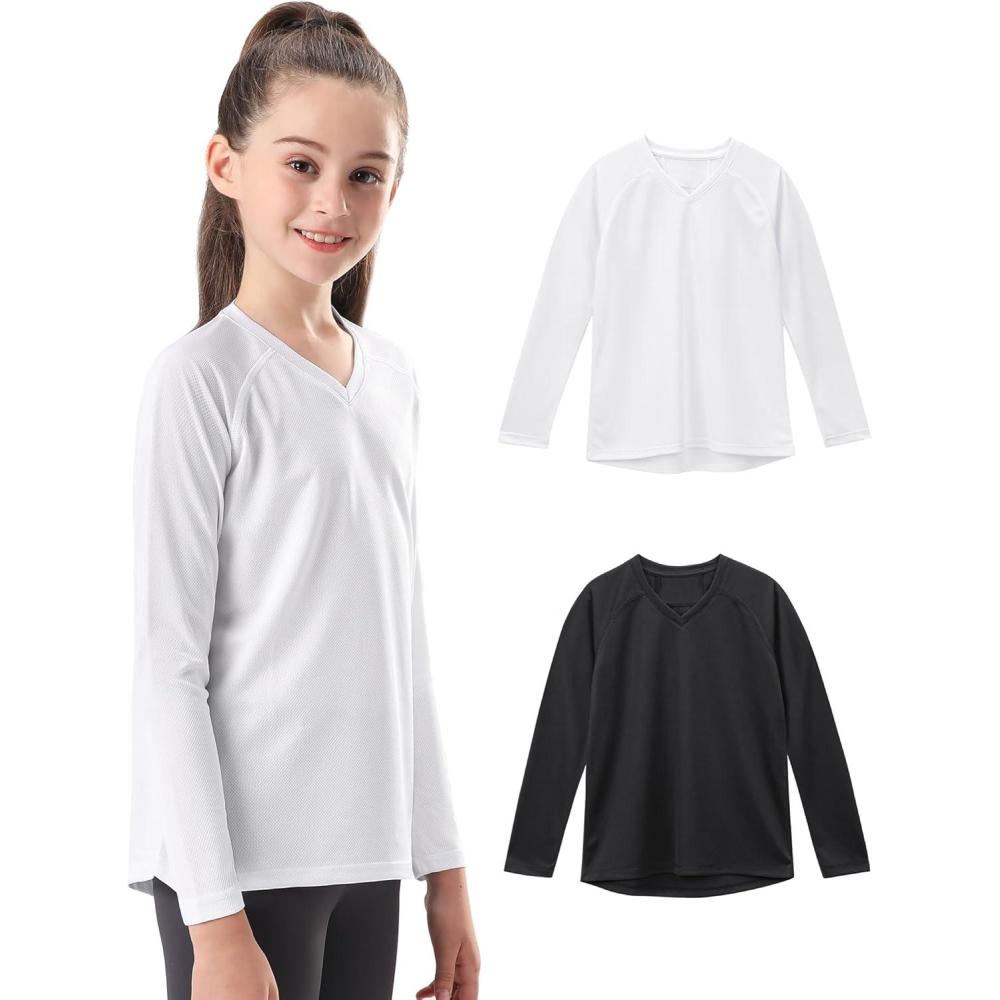 imageStelle Youth Girls Athletic Performance Long Sleeve Shirts V Neck Moisture Wicking Base Layer UndershirtBlackwhite