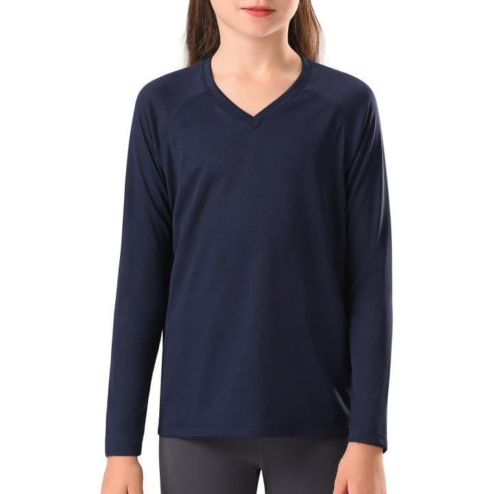 imageStelle Youth Girls Athletic Performance Long Sleeve Shirts V Neck Moisture Wicking Base Layer UndershirtNavy