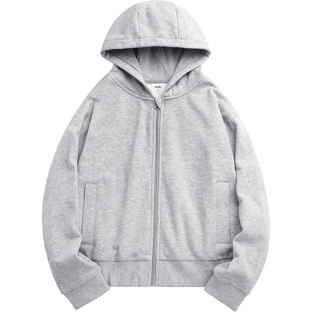 imageStelle Zip Up Hoodies for Women Fleece Crop Jackets Long Sleeve Hooded Sweatshirts with Pockets Casual CoatLight Grey