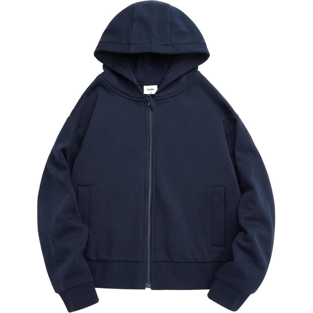 imageStelle Zip Up Hoodies for Women Fleece Crop Jackets Long Sleeve Hooded Sweatshirts with Pockets Casual CoatNavy