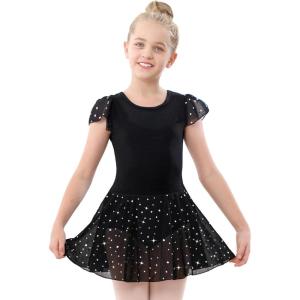 Stelle Ballet Leotards for Girls Dance Leotard with Skirt Toddler Pink Ballet Outfit Ruffle Sleeve Kids Dance Dress(1-black(shiny Skirt))