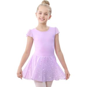 Stelle Ballet Leotards for Girls Dance Leotard with Skirt Toddler Pink Ballet Outfit Ruffle Sleeve Kids Dance Dress(1-purple(shiny Skirt))