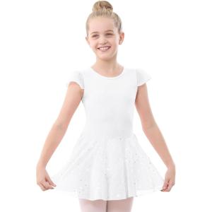 Stelle Ballet Leotards for Girls Dance Leotard with Skirt Toddler Pink Ballet Outfit Ruffle Sleeve Kids Dance Dress(1-white(shiny Skirt))