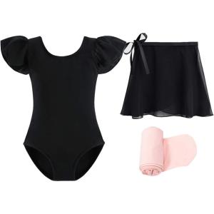Stelle Ballet Leotards for Girls Toddler Dance Dress Outfit Combo with Skirt and Tights (Toddler/Little Kid/Big Kid)(3-black (Ruffle Sleeve))