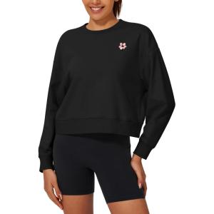 Stelle Cropped Sweatshirt for Women Crewneck Pullover Tops Oversized Long Sleeve Lightweight Casual Cotton Sweat Shirts(Black)