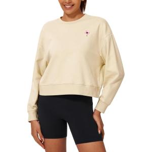 Stelle Cropped Sweatshirt for Women Crewneck Pullover Tops Oversized Long Sleeve Lightweight Casual Cotton Sweat Shirts(Limestone)