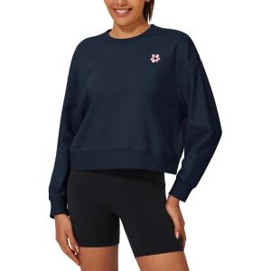 Stelle Cropped Sweatshirt for Women Crewneck Pullover Tops Oversized Long Sleeve Lightweight Casual Cotton Sweat Shirts(Navy)