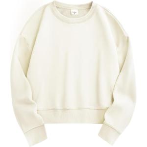 Stelle Cropped Sweatshirts for Women Cotton Long Sleeve Crop Tops Crewneck Pullover Oversized Sweater(Off-white)