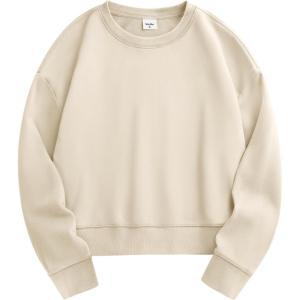 Stelle Cropped Sweatshirts for Women Cotton Long Sleeve Crop Tops Crewneck Pullover Oversized Sweater(White Beige)
