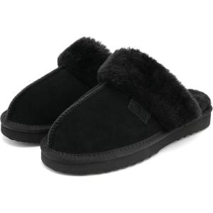 Stelle Genuine Suede Slippers for Women Water-Resistant Indoor Outdoor Comfortable Memory Foam Lightweight Flexible Sole(Black)