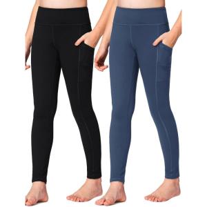 Stelle Girls’ Athletic Leggings Kids Dance Running Yoga Pants Workout Active Dance Tights with Pockets(Black-dark Slate Blue (2 Side Pocket))