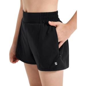 Stelle Girl’s Athletic Shorts with Liner Zipper Pockets Elastic Waist Running Shorts Sports Active Shorts for Teen Kids(A-black)