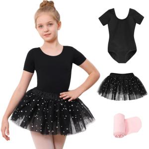 Stelle Girls Ballet Leotards Toddler Dance Outfit Combo with Pull on Skirt and Tights (Toddler/Little Kid/Big Kid)(02-black (Shiny Tutu Skirt))