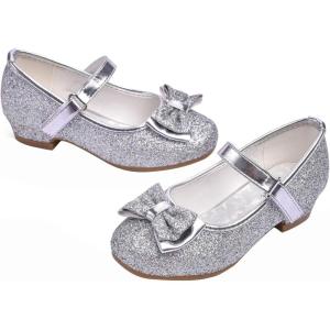 Stelle Girls Dress Shoes Glitter Princess Shoe Flower Mary Jane Low Heels Party Wedding Prom Footwear for Toddler Kids(Silver)