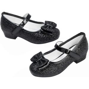 Stelle Girls Dress Shoes Glitter Princess Shoe Flower Mary Jane Low Heels Party Wedding Prom Footwear for Toddler Kids(T08-black Glitter)