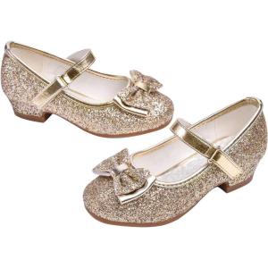 Stelle Girls Dress Shoes Glitter Princess Shoe Flower Mary Jane Low Heels Party Wedding Prom Footwear for Toddler Kids(T08-gold Glitter)