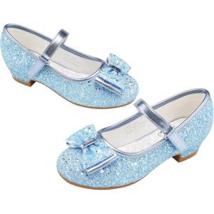 Stelle Girls Dress Shoes Glitter Princess Shoe Flower Mary Jane Low Heels Party Wedding Prom Footwear for Toddler Kids(T08-icy Blue)