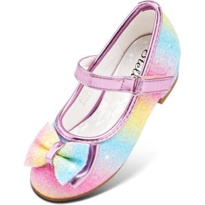 Stelle Girls Dress Shoes Glitter Princess Shoe Flower Mary Jane Low Heels Party Wedding Prom Footwear for Toddler Kids(T08-rainbow)