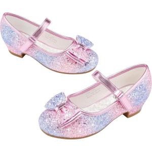 Stelle Girls Dress Shoes Glitter Princess Shoe Flower Mary Jane Low Heels Party Wedding Prom Footwear for Toddler Kids(T08-rainbow Blue)