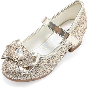 Stelle Girls Dress Shoes Glitter Princess Shoe Flower Mary Jane Low Heels Party Wedding Prom Footwear for Toddler Kids(T13-gold Glitter)
