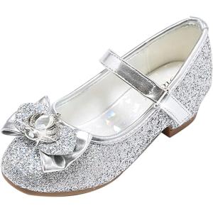 Stelle Girls Dress Shoes Glitter Princess Shoe Flower Mary Jane Low Heels Party Wedding Prom Footwear for Toddler Kids(T13-silver Glitter)