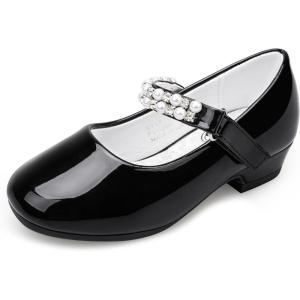 Stelle Girls Dress Shoes White Flower Girl Shoe Mary Jane Low Heels for Wedding (Toddler/Little/Big Kid)(Black（shiny Strap）)