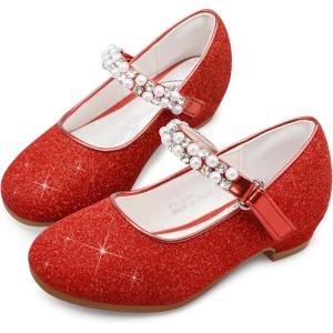 Stelle Girls Dress Shoes White Flower Girl Shoe Mary Jane Low Heels for Wedding (Toddler/Little/Big Kid)(Ruby Red（shiny Strap）)