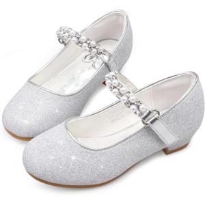 Stelle Girls Dress Shoes White Flower Girl Shoe Mary Jane Low Heels for Wedding (Toddler/Little/Big Kid)(Silver（shiny Strap）)