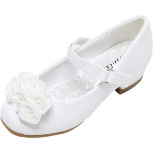 Stelle Girls Dress Shoes White Flower Girl Shoe Mary Jane Low Heels for Wedding (Toddler/Little/Big Kid)(White（flower))