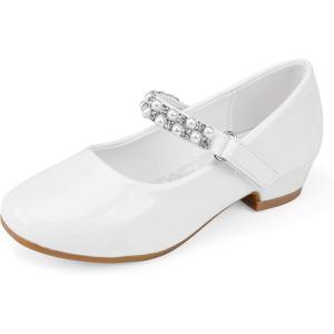 Stelle Girls Dress Shoes White Flower Girl Shoe Mary Jane Low Heels for Wedding (Toddler/Little/Big Kid)(White（shiny Strap）)
