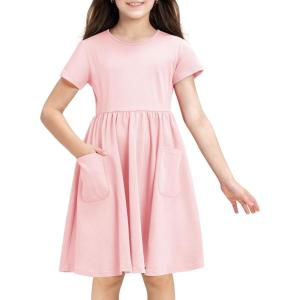 Stelle Girls Dresses Cotton Short Sleeve Dress Cute Midi Casual Sundress with 2 Pockets(Blush Pink)