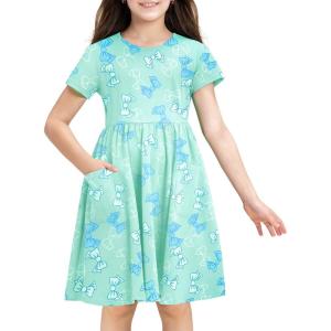 Stelle Girls Dresses Cotton Short Sleeve Dress Cute Midi Casual Sundress with 2 Pockets(Mint Bow Print)