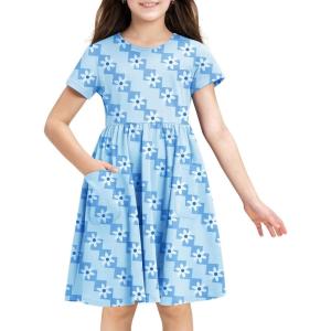 Stelle Girls Dresses Cotton Short Sleeve Dress Cute Midi Casual Sundress with 2 Pockets(Mosaic Daisy Print)