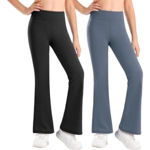 Stelle Girl’s Flare Leggings High Waisted Yoga Pants Bootcut Dance Casual Pants Activewear Kids Bell Bottoms(Black+grey Blue)