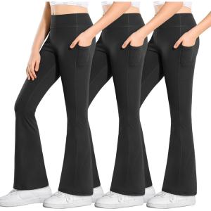 Stelle Girl’s Flare Leggings with Pockets High Waisted Bootcut Yoga Pants Kids Dance Bell Bottoms Leggings(3*black)