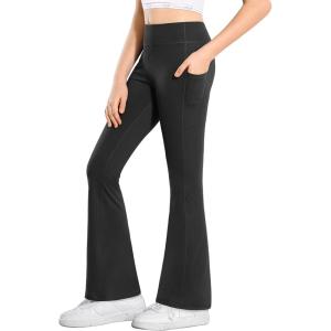 Stelle Girl’s Flare Leggings with Pockets High Waisted Bootcut Yoga Pants Kids Dance Bell Bottoms Leggings(Black)
