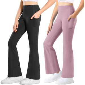 Stelle Girl’s Flare Leggings with Pockets High Waisted Bootcut Yoga Pants Kids Dance Bell Bottoms Leggings(Black/Dusty Lavender)
