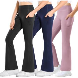 Stelle Girl’s Flare Leggings with Pockets High Waisted Bootcut Yoga Pants Kids Dance Bell Bottoms Leggings(Black/Dusty Lavender/Navy)
