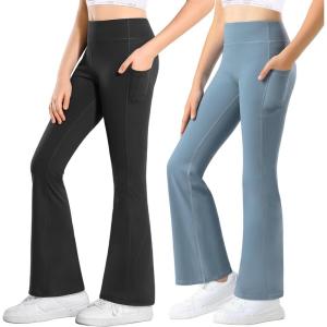 Stelle Girl’s Flare Leggings with Pockets High Waisted Bootcut Yoga Pants Kids Dance Bell Bottoms Leggings(Black/Grey Blue)